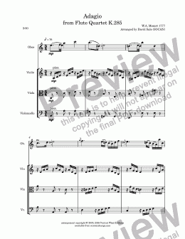 page one of Adagio from Flute Quartet K.285 (oboe, violin, viola & cello)
