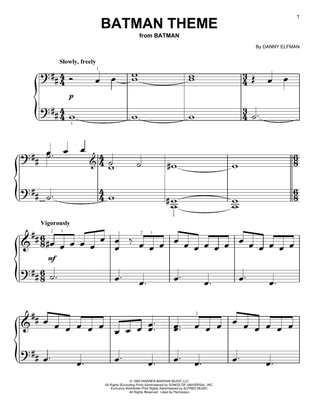 Batman Theme Easy Piano Print Sheet Music Now