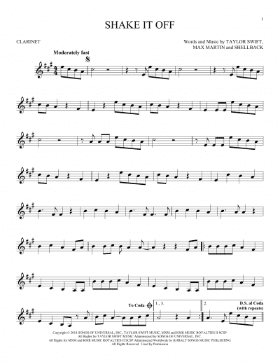 Shake It Off Clarinet Solo Print Sheet Music Now