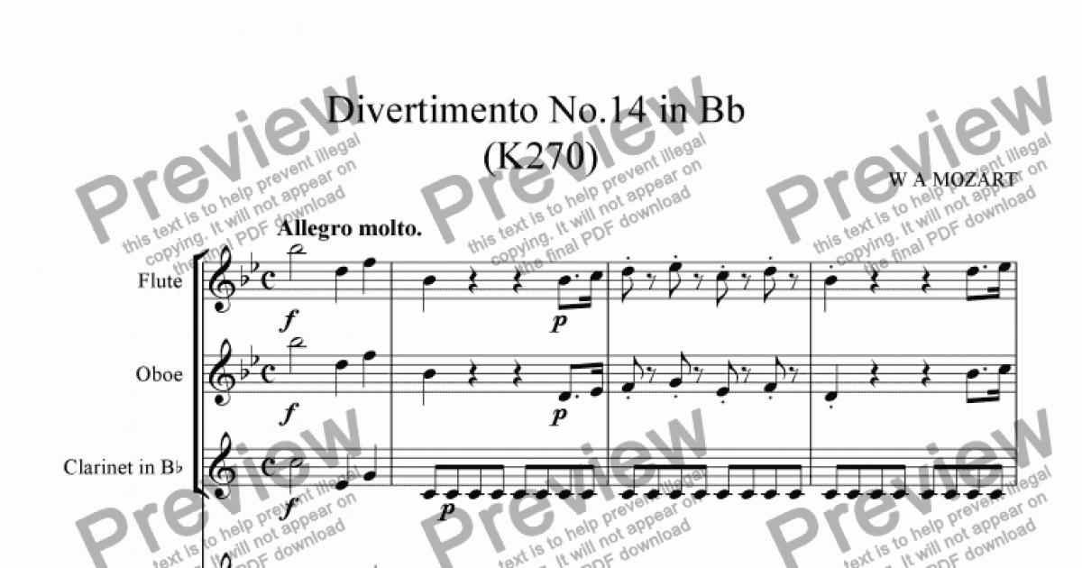 Mozart Divertimento No14 In Bb K270 Arrwind Quintet For Wind Quintet By W A Mozart Sheet Music Pdf File To Download - 