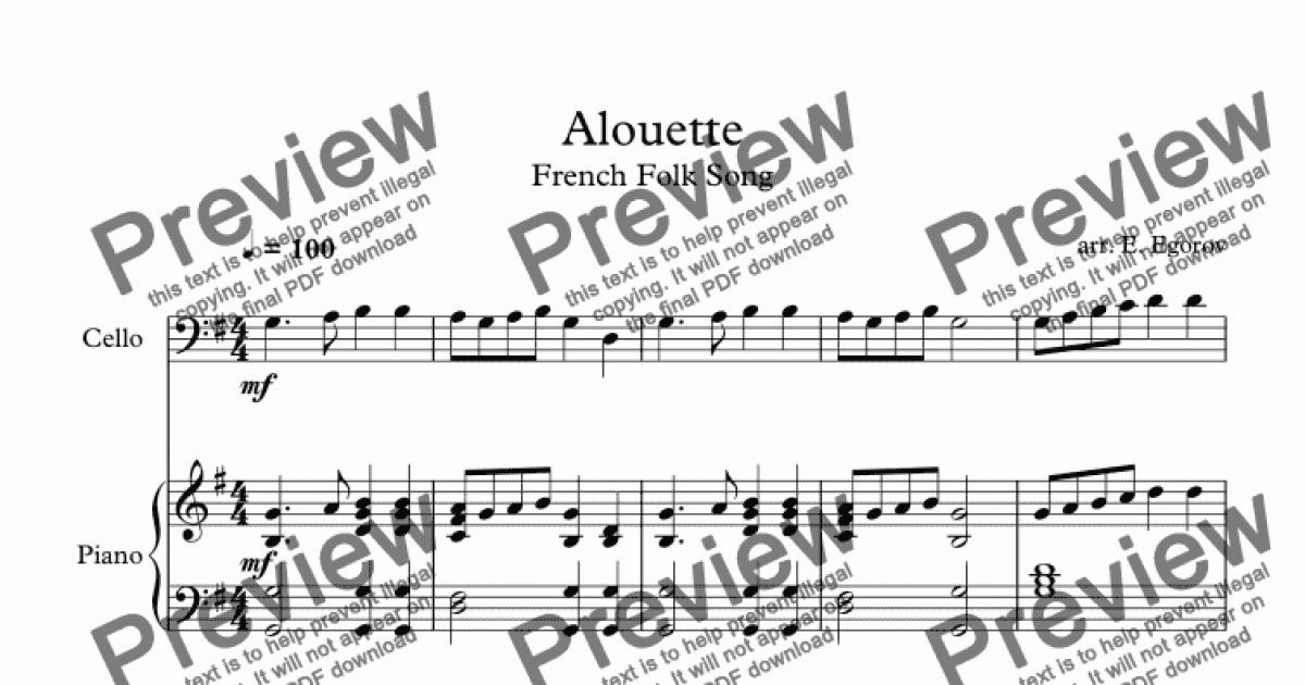 Alouette, French Folk Song, For Cello & Piano Sheet Music PDF file