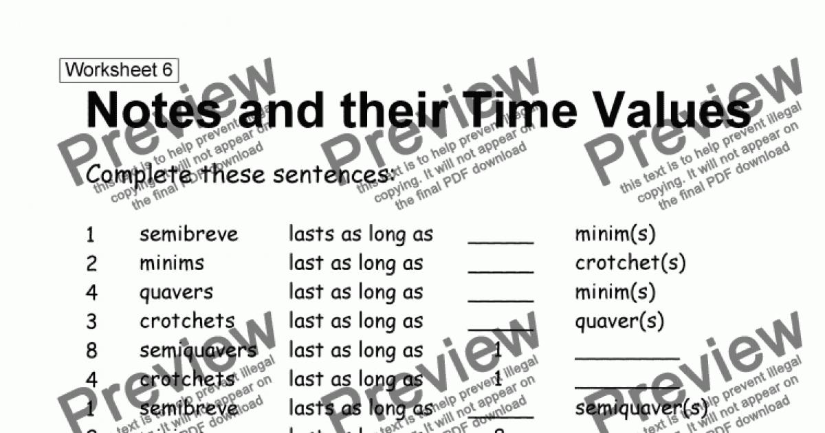 Worksheet 06: Notes and their Time Names - Download Sheet Music PDF