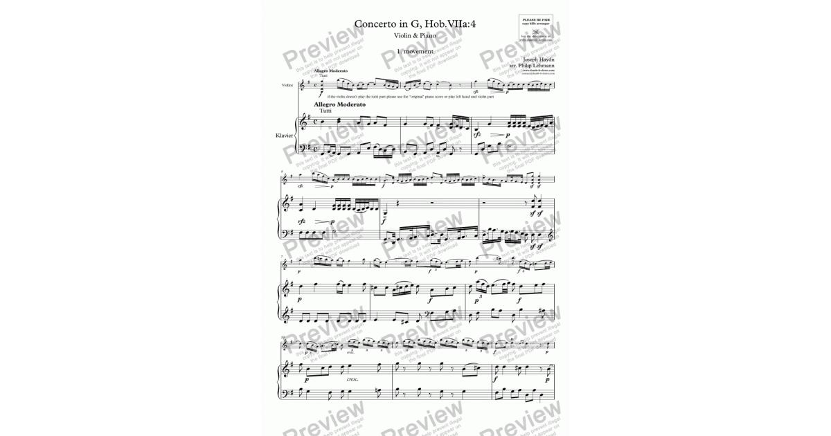 Haydn J Concerto In G Hob Viia 4 1st Mov For Violin Orig Piano Simplified