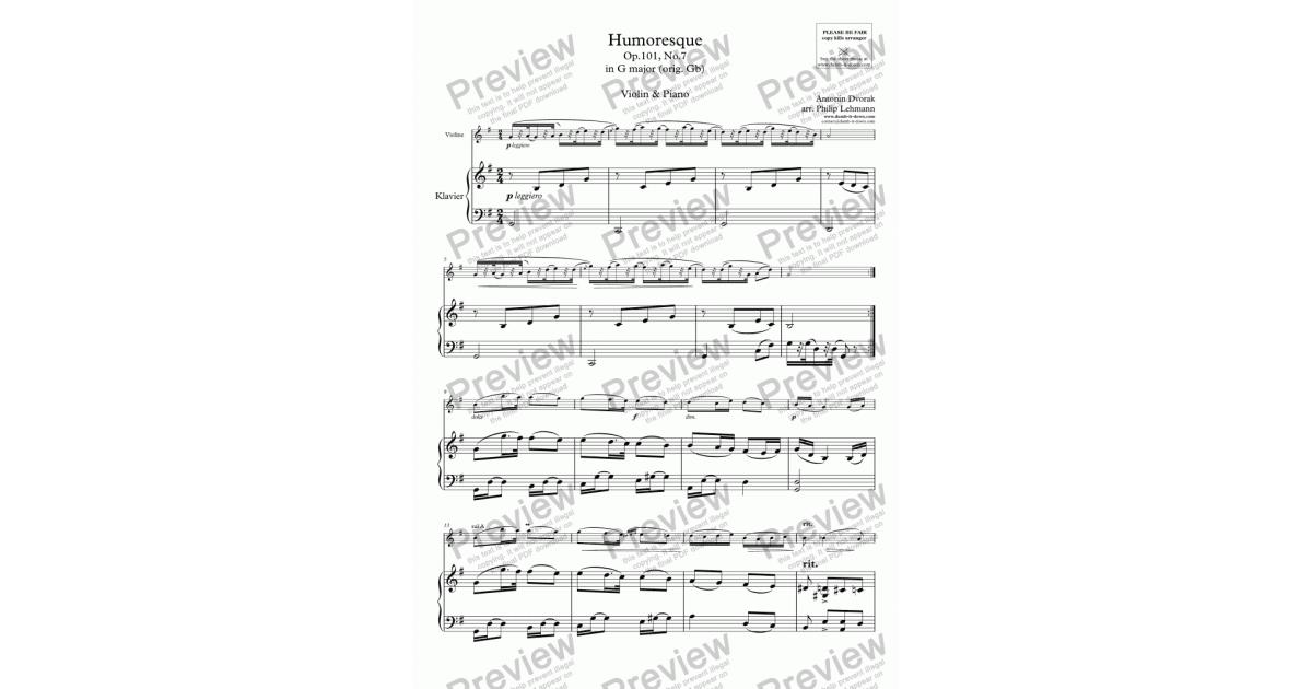 Dvorak A Humoresque Op 101 No 7 In G Major Orig Gb For Violin Orig Piano Simplified