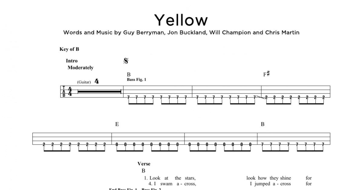 Yellow (Easy Bass Tab) - Print Sheet Music Now