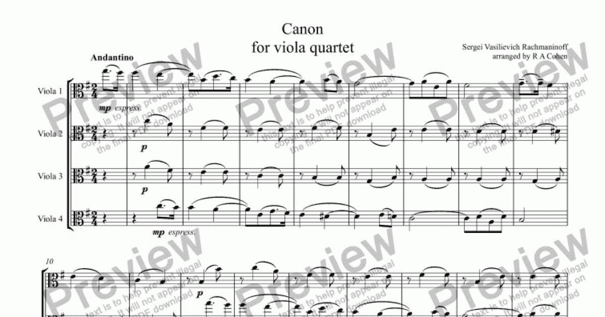 Rachmaninov - CANON - for viola quartet - Download Sheet Music PDF