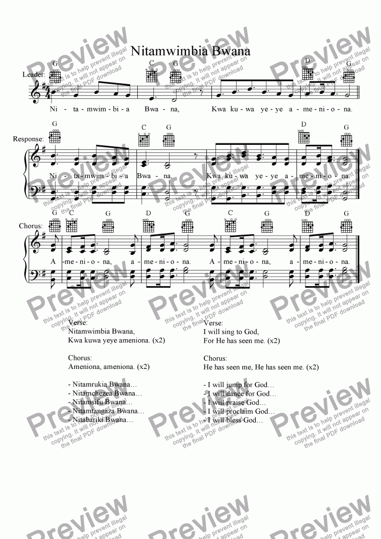 Nitamwimbia Bwana Swahili Hymn Download Sheet Music Pdf File