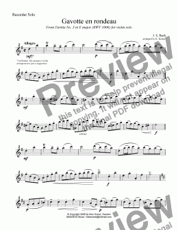 page one of Gavotte en rondeau from Partita No 3, BWV 1006 for recorder solo