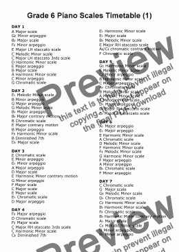 page one of Grade 6 Piano Scales Timetable 2.1