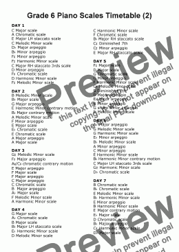 page one of Grade 6 Piano Scales Timetable 2.2