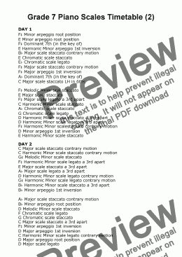 page one of Grade 7 Piano Scales Timetable 1.2