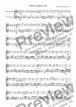page one of Fantasia on 'Durch Adams Fall' for Treble and Tenor Recorders