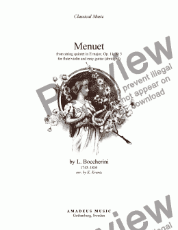 page one of Menuet by Boccherini for flute/violin and easy guitar