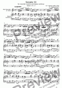 page one of Sonate III for recorder/violin and B.C. (opus 1 nr. 3)