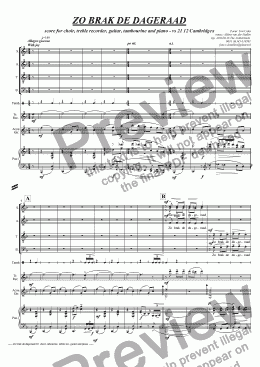 page one of "Zo brak de dageraad der vrijheid aan" version for choir, treble recorder, guitar, tambourine and piano