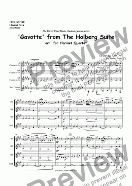 page one of 'Gavotte' from The Holberg Suite arr. for Clarinet Quartet