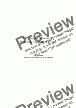 page one of Minuetto, Adagietto and Carillon from L’Arlesienne Suite No. 1, arranged for recorder orchestra Spr/S,S,A,A,T,T,B,B,Gb,Cb