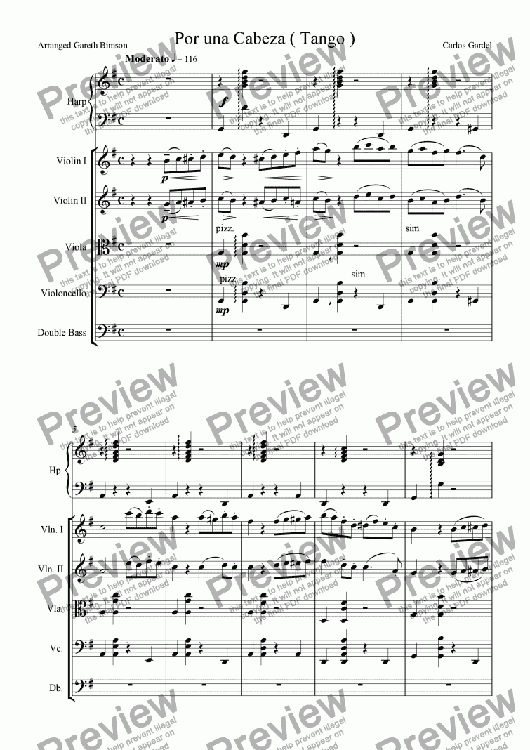 Por Una Cabeza Tango For Strings Harp Download Sheet Music Pdf