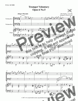 page one of Stanley Trumpet Voluntary (Opus 6 No.5) for 2 Cellos & Piano