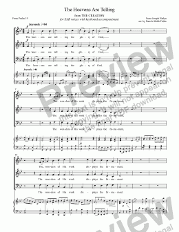 page one of The Heavens Are Telling (HAYDN) from The Creation (from Psalm 19) for 3-part SAB voices with piano accompaniment arr. by Pamela Webb Tubbs