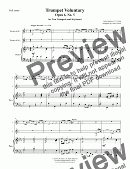 page one of Stanley Trumpet Voluntary  Opus 6 No.5 for 2 Bb Trumpets & Piano (Young player version) in Eb