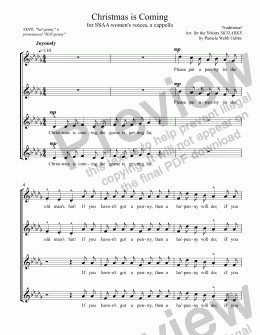 page one of Christmas is Coming (TRAD. ENGLISH) arr. for SSAA women's or mixed treble voices, a cappella, arr. by Pamela Webb Tubbs