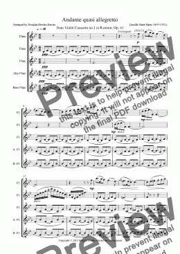 page one of SAINT-SAENS: Andante quasi allegretto (from Violin Concerto no 3) for Flute Choir (3fl, afl, bassfl)