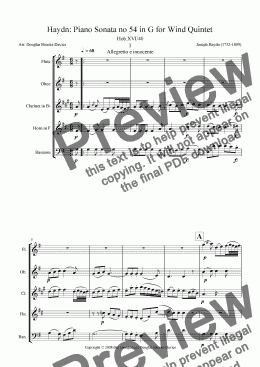 page one of Haydn: Piano Sonata no 54 in G for Wind Quintet