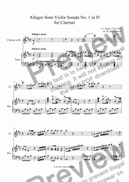 page one of Allegro from Violin Sonata No. 1 in D for Clarinet