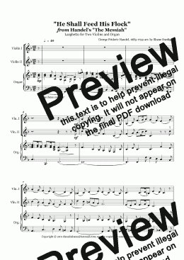 page one of "He Shall Feed His Flock" from Handel’s "The Messiah" Larghetto for Two Violins and Organ