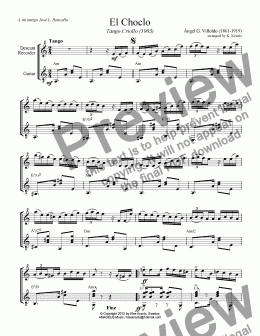 page one of El Choclo - Tango Criollo for descant recorder (flute, violin) and guitar
