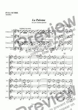 page one of La Paloma  arr. for Clarinet Quartet