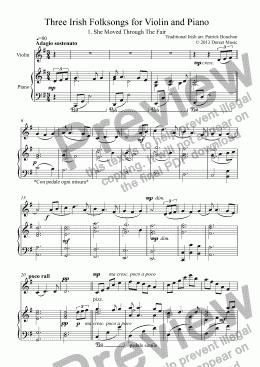 page one of Three Irish Folksongs for Violin and Piano 1. She Moved Through the Fair