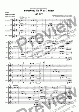 page one of Beethoven's 5th Symphony 1st Mvt arr for Clarinet  Quartet by Rodney Parker