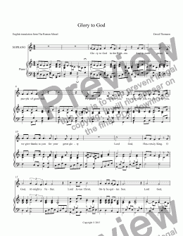 page one of Glory to God in the Highest - an arrangement for congregational singing of the complete Gloria simplex for piano or organ accompaniment from the "The New Mass of Hope," a setting of the English translation of the Roman Missal