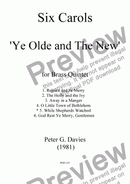page one of Six Carols "Ye Olde and The New" 5. While Shepherds Watched for Brass Quintet