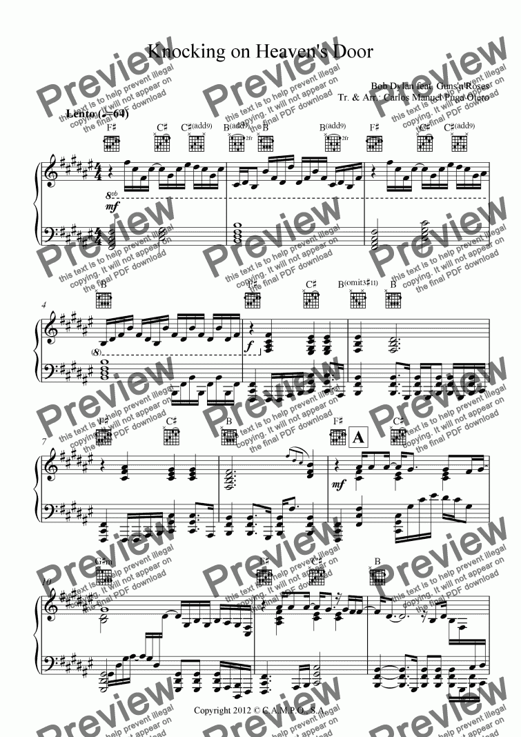 Knocking On Heaven S Door For Solo Instrument Piano By Bob Dylan Feat Guns N Roses Tr Arr Carlos Manuel Puga Otero Sheet Music Pdf File To