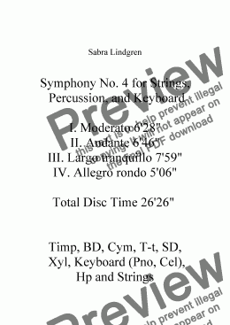 page one of Symphony No. 4 for Strings, Percussion, and Keyboard I. Moderato