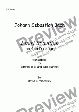 page one of Bach - 2 part invention no 4 transcribed for Bb clarinet and bass clarinet by David Wheatley 