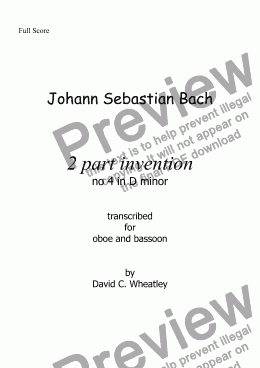 page one of Bach - 2 part invention no 4 transcribed for oboe and bassoon by David Wheatley