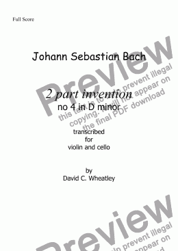 page one of Bach - 2 part invention no 4 transcribed for violin and cello by David Wheatley