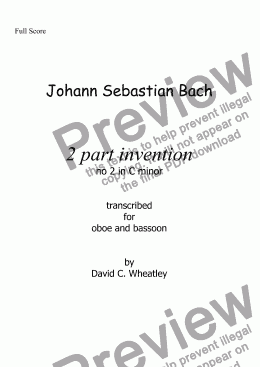 page one of Bach - 2 part invention no 2 transcribed for oboe and bassoon by David Wheatley