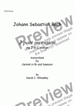 page one of Bach - 2 part invention no 2 transcribed for Bb clarinet and bassoon by David Wheatley