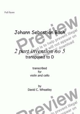 page one of Bach - 2 part invention no 5 transcribed for violin and cello by David Wheatley (easier key) 