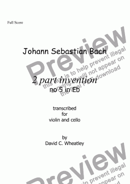 page one of Bach - 2 part invention no 5 transcribed for violin and cello by David Wheatley