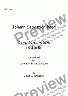 page one of Bach - 2 part invention no 5 transcribed for Bb clarinet and bassoon by David Wheatley