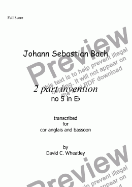 page one of Bach - 2 part invention no 5 transcribed for cor anglais and bassoon by David Wheatley
