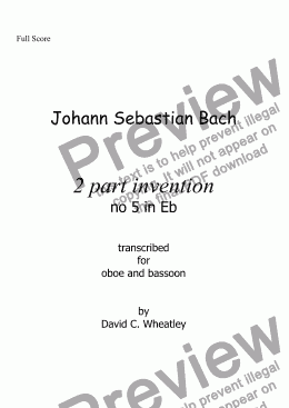 page one of Bach - 2 part invention no 5 transcribed for oboe and bassoon by David Wheatley