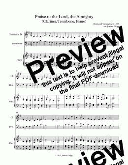 page one of Praise to the Lord, the Almighty (Clarinet, Trombone, Piano)