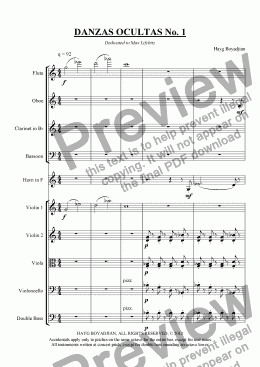 page one of Danzas Ocultas No. 1 (chamber ensemble for woodwinds, horn, strings)